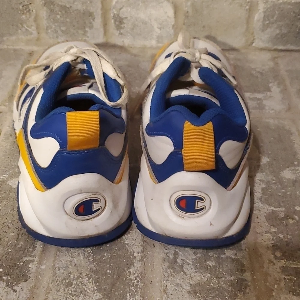 Champion sneakers shoes size 5.5 has flaws yellow blue white Dennis shoes